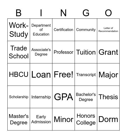 College Bingo Card