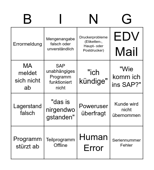 SAP Go Live Bullshit Bingo Card