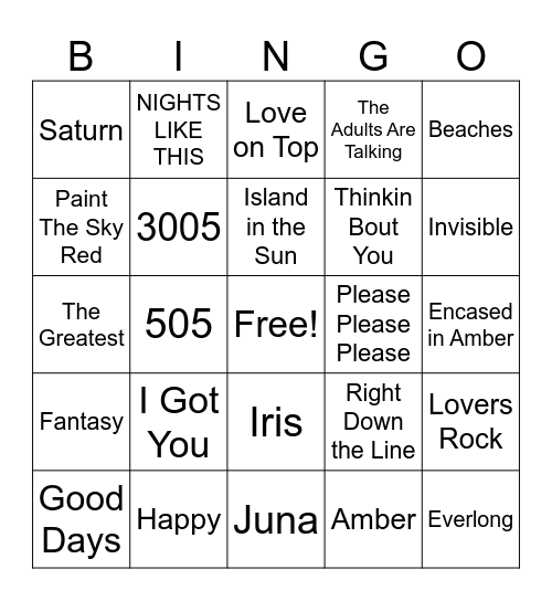 3E Song Bingo 10/18 Bingo Card