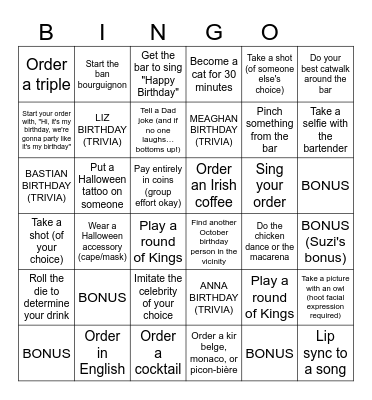 The Drinktober Game Bingo Card