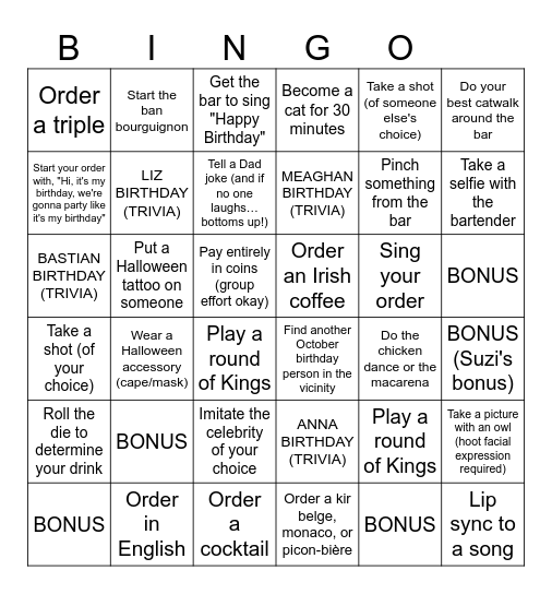 The Drinktober Game Bingo Card