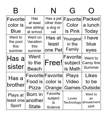 First Day Bingo Card