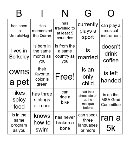 Find Someone Who Bingo Card