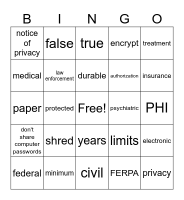 HIPAA Bingo Card