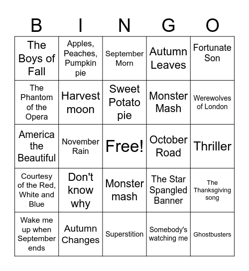 Fall Bingo Card