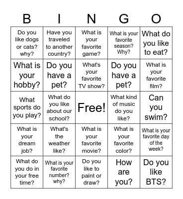 A2 English questions. Bingo Card