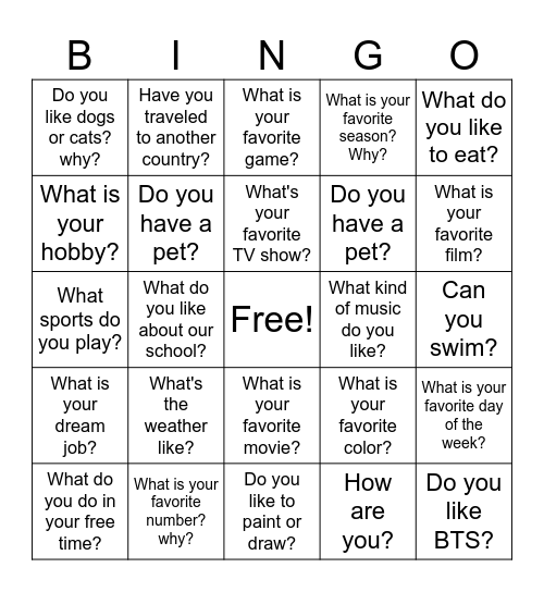 A2 English questions. Bingo Card