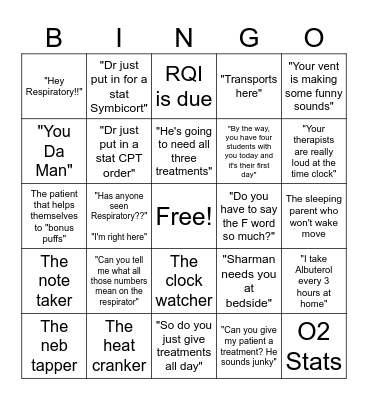 Life of an RT...things we hear and see Bingo Card