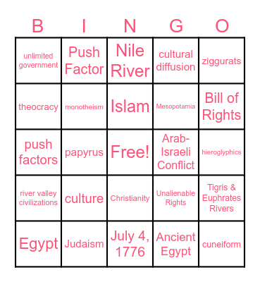 6th Grade Bingo Card