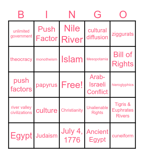 6th Grade Bingo Card