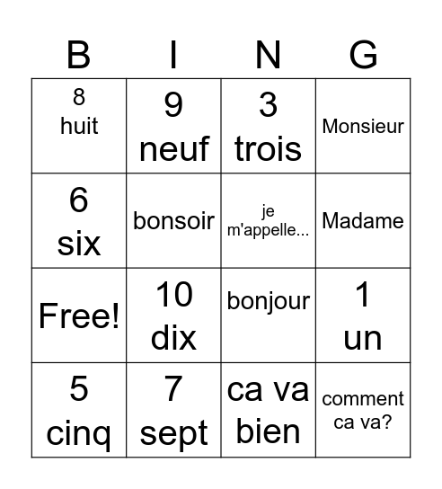 Francais 1 Bingo Card