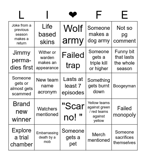 Life Series Bingo Card