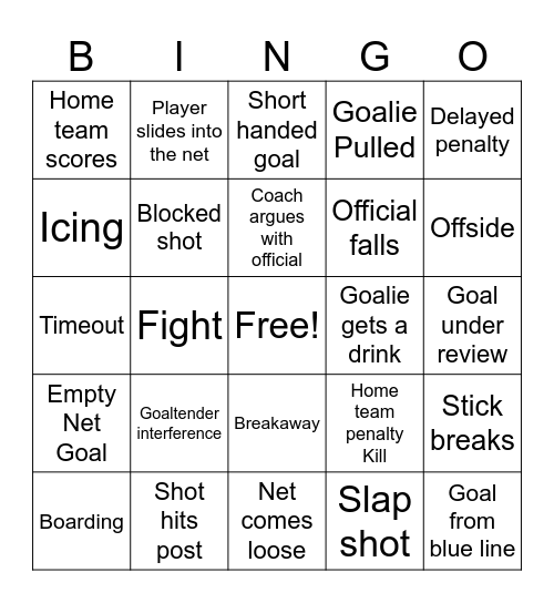 Hockey Bingo Card