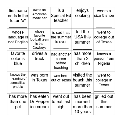 Find Someone who or whose.... Bingo Card