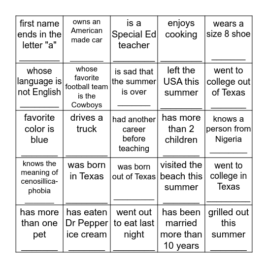 Find Someone who or whose.... Bingo Card