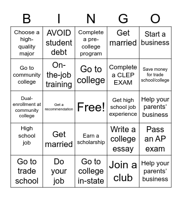 Life Choices Bingo Card