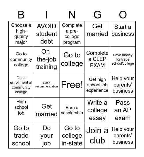 Life Choices Bingo Card