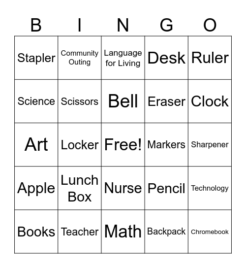 School Bingo Card