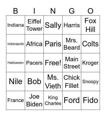 Common & Proper nouns Bingo Card