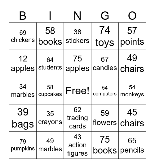 Addition Bingo Card