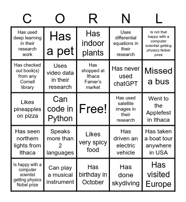 Cornell AI-CLIMATE Grad Student Social Bingo Card