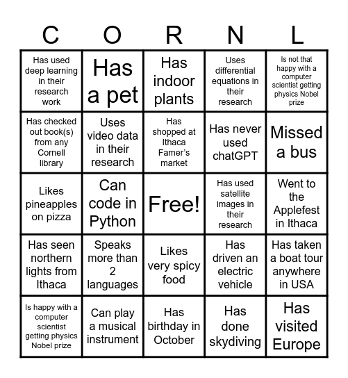 Cornell AI-CLIMATE Grad Student Social Bingo Card
