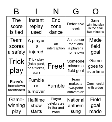Super Bowl Bingo Card (For Game Watchers) Bingo Card