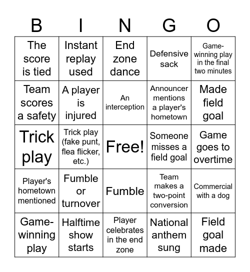 Super Bowl Bingo Card (For Game Watchers) Bingo Card