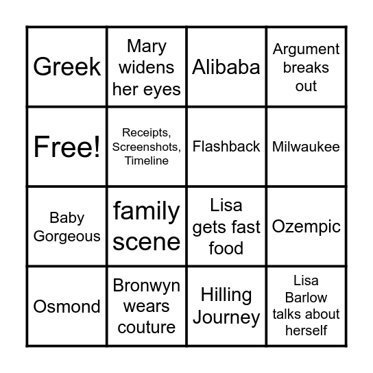 RHOSLC Watch Party Bingo Card