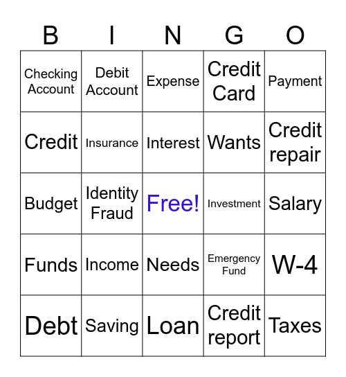 1st/2nd J & J Financial Literacy Activity Bingo Card