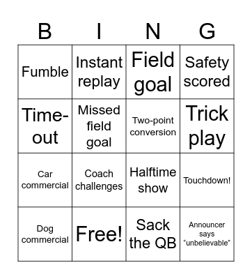 Set 1 - Super Bowl Bingo Cards (Game Watchers) Bingo Card