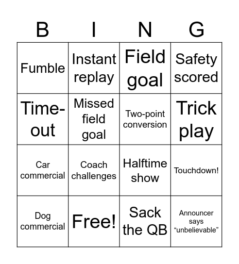 Set 1 - Super Bowl Bingo Cards (Game Watchers) Bingo Card