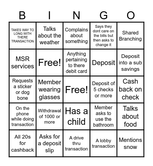 Tanner's Bank Bingo Card