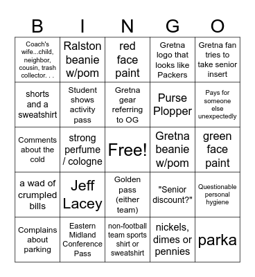 Gretna High School Bingo Card