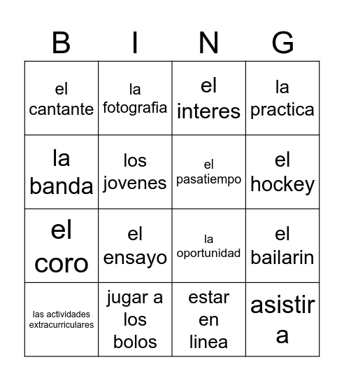 1B Vocabulario Bingo Card