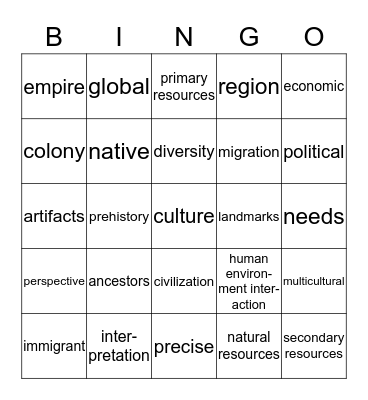 Civilization Vocab Bingo Card