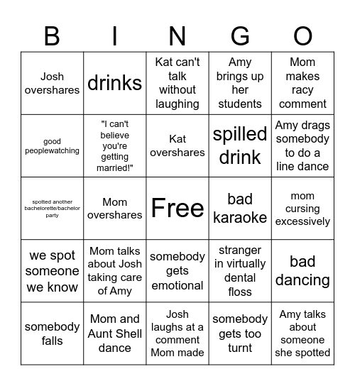 "we're getting married" outing Bingo Card