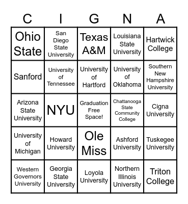 Colleges Bingo Card