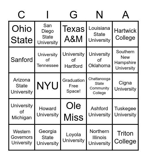 Colleges Bingo Card