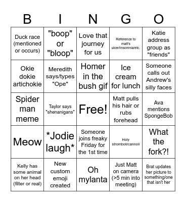 Katie-isms/Freaky Friday Bingo Card