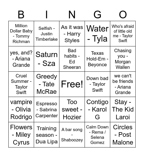 Today's Hits Bingo Card