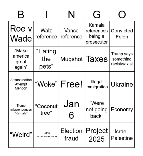 ERB Trump vs Harris Bingo Card