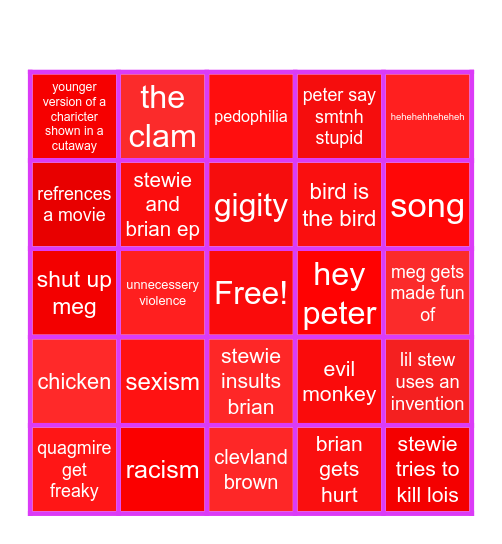 family guy Bingo Card