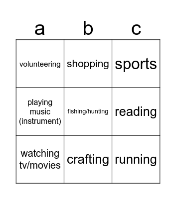 hobbies Bingo Card