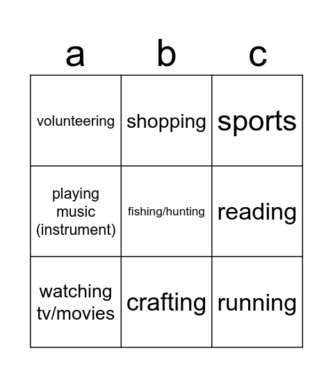 hobbies Bingo Card