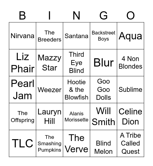 Top Hits Of The 90's Bingo Card
