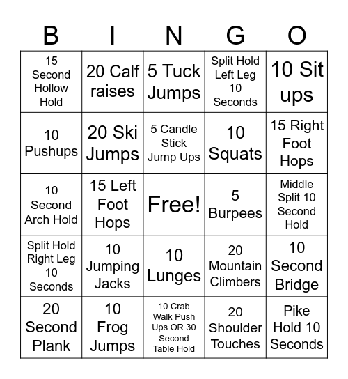 Basic Gymnastics Conditioning Bingo Card