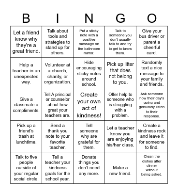 Kindness Challenge Bingo Card