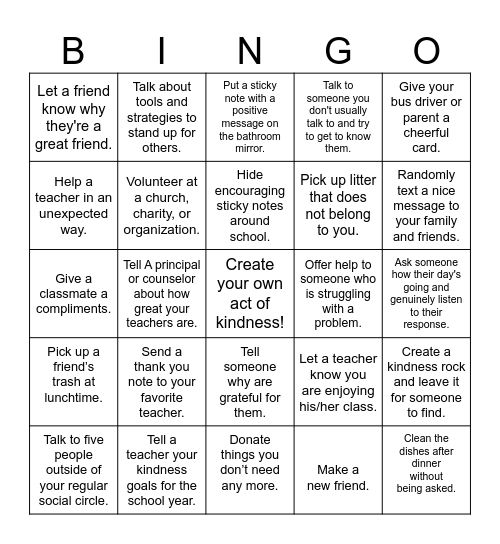 Kindness Challenge Bingo Card