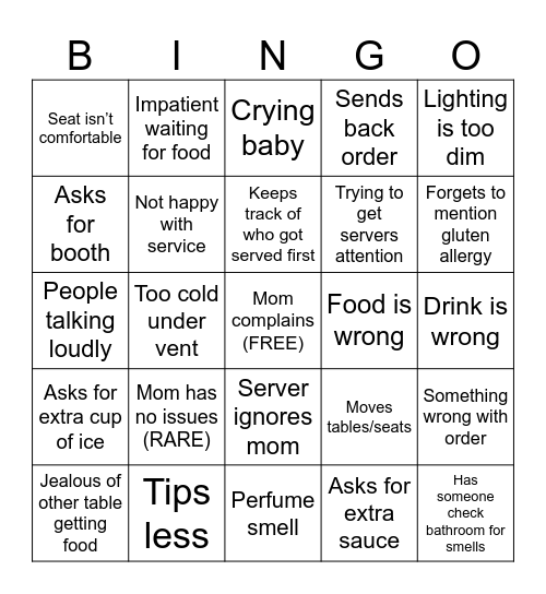 Eating with Mom Bingo Card